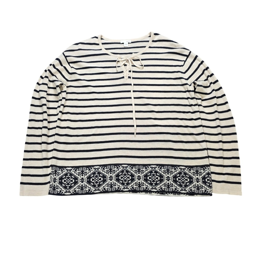 J. Jill Lace Up Knit Sweater Women's Size S Cream Navy Blue Striped Cotton Modal